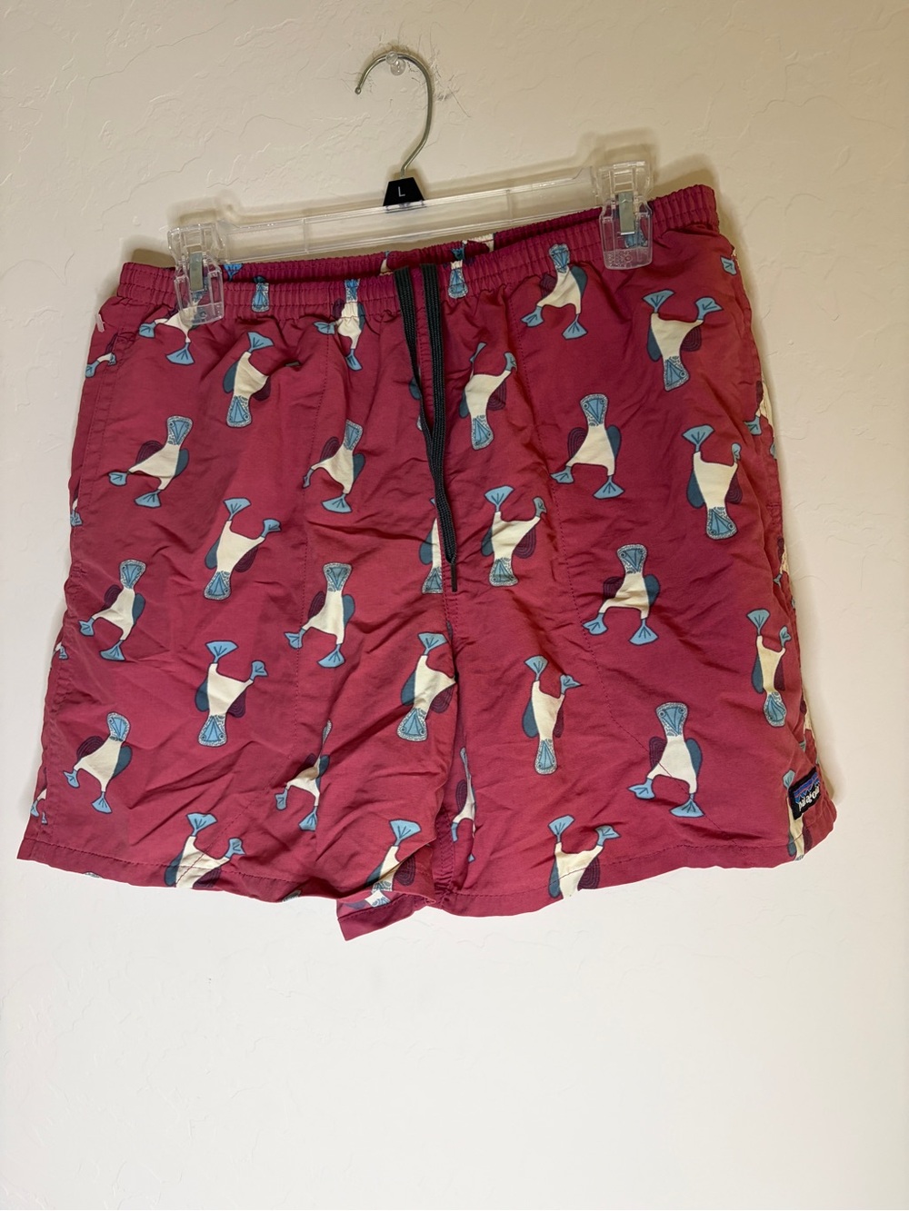 Patagonia Maroon Swim Trunks with Blue & Cream Fish Motif